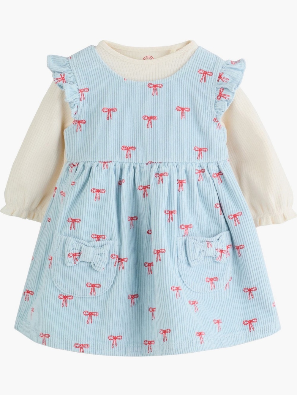 Blue Bow-Print Corduroy Dress with Cream Long-Sleeve Top & Tights NWT 3-6 Months